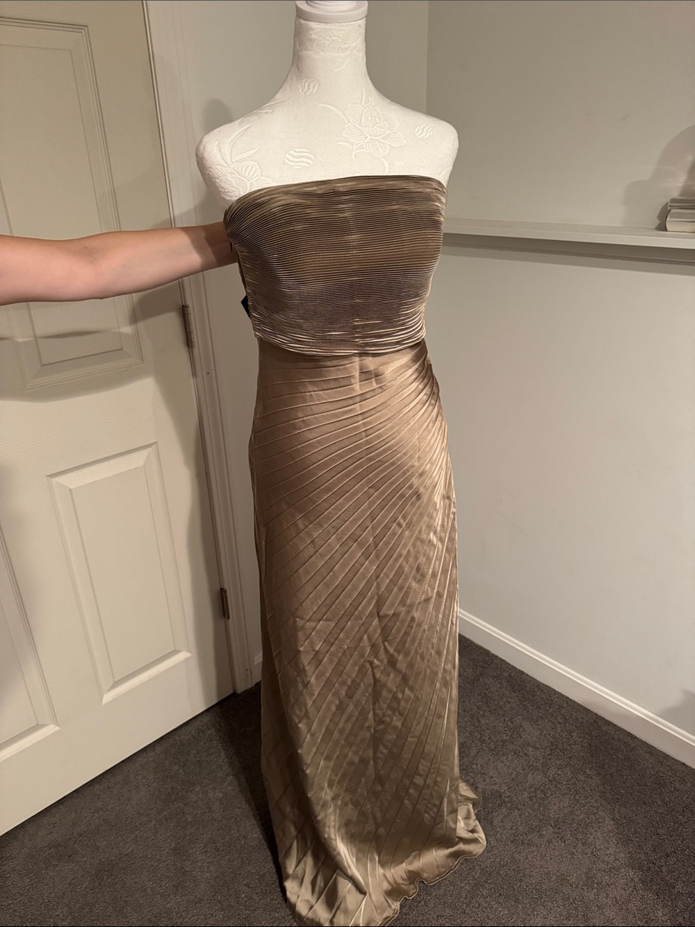 Lulu's Strapless Pleated Bronze Maxi Dress